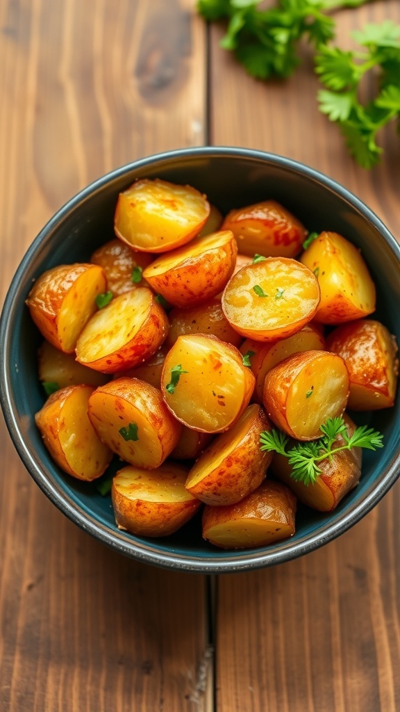 Crispy air fryer red potatoes garnished with parsley in a bowl on a wooden table.